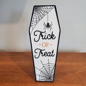 NWT Trick or Treat Metal Coffin Shaped Sign with Stand